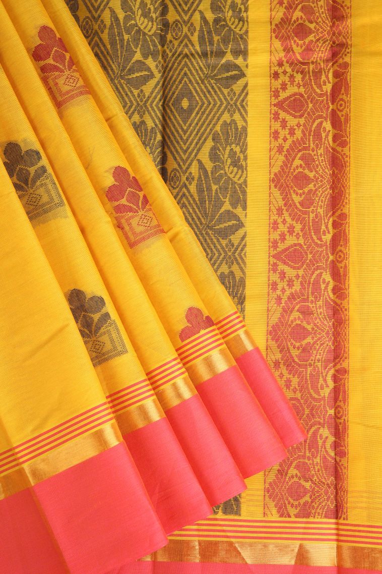 Honey Orange Chettinad Cotton Sarees with Without Zari Zari Floral Puttas view 1