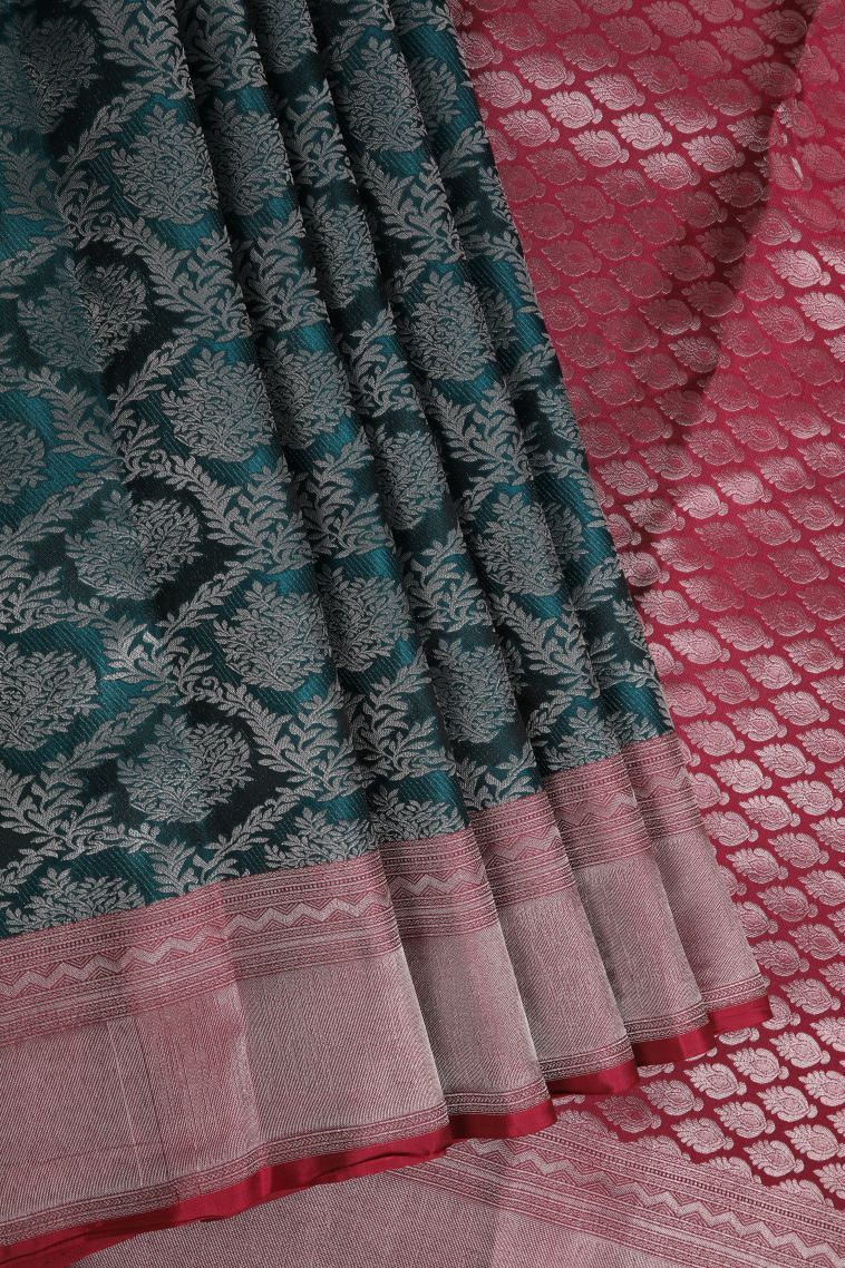 Aegean Blue Soft Silk Saree with Silver Zari Floral Patterns view 1