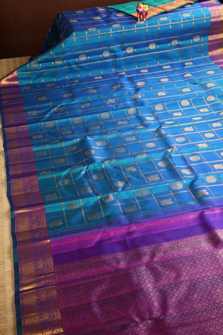 Cerulean Blue Kanchipuram Silk Sarees with Gold Zari Peacock And Rudhractam view 2