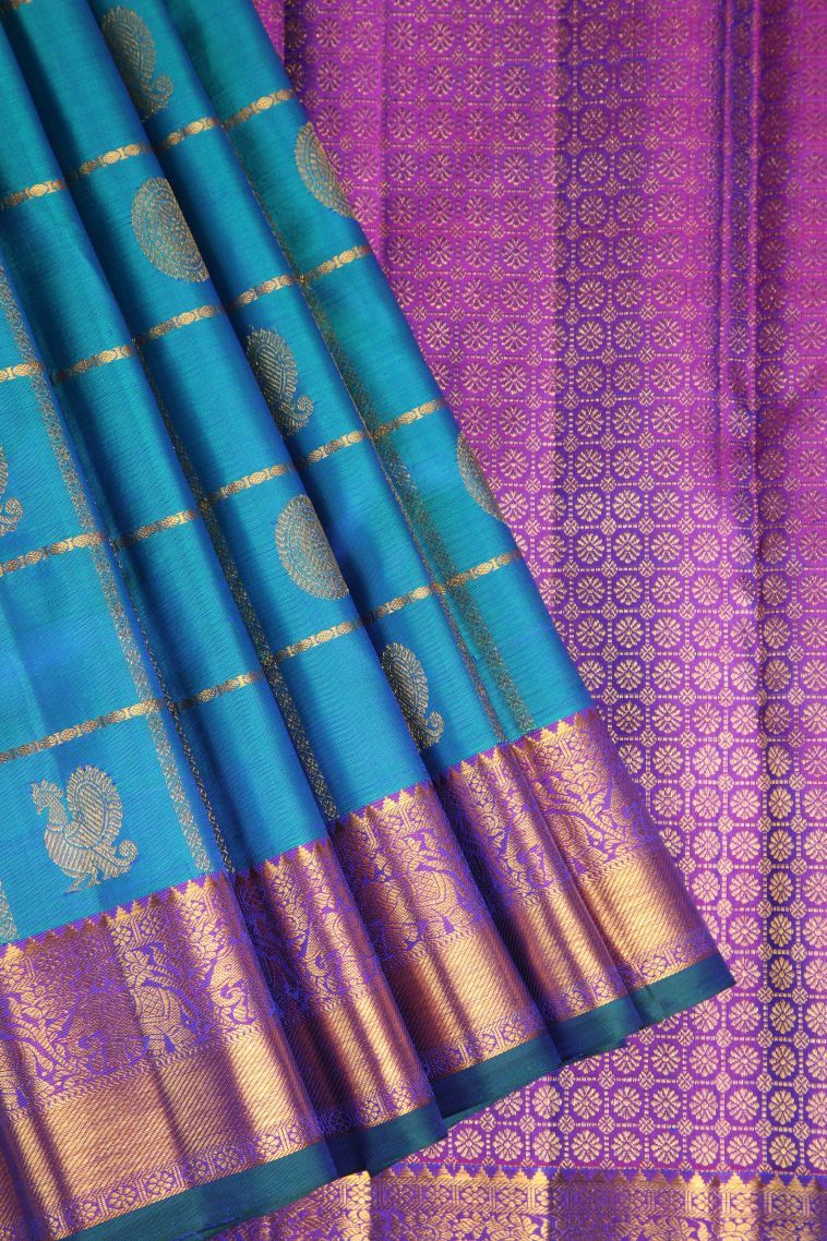 Cerulean Blue Kanchipuram Silk Sarees with Gold Zari Peacock And Rudhractam view 1
