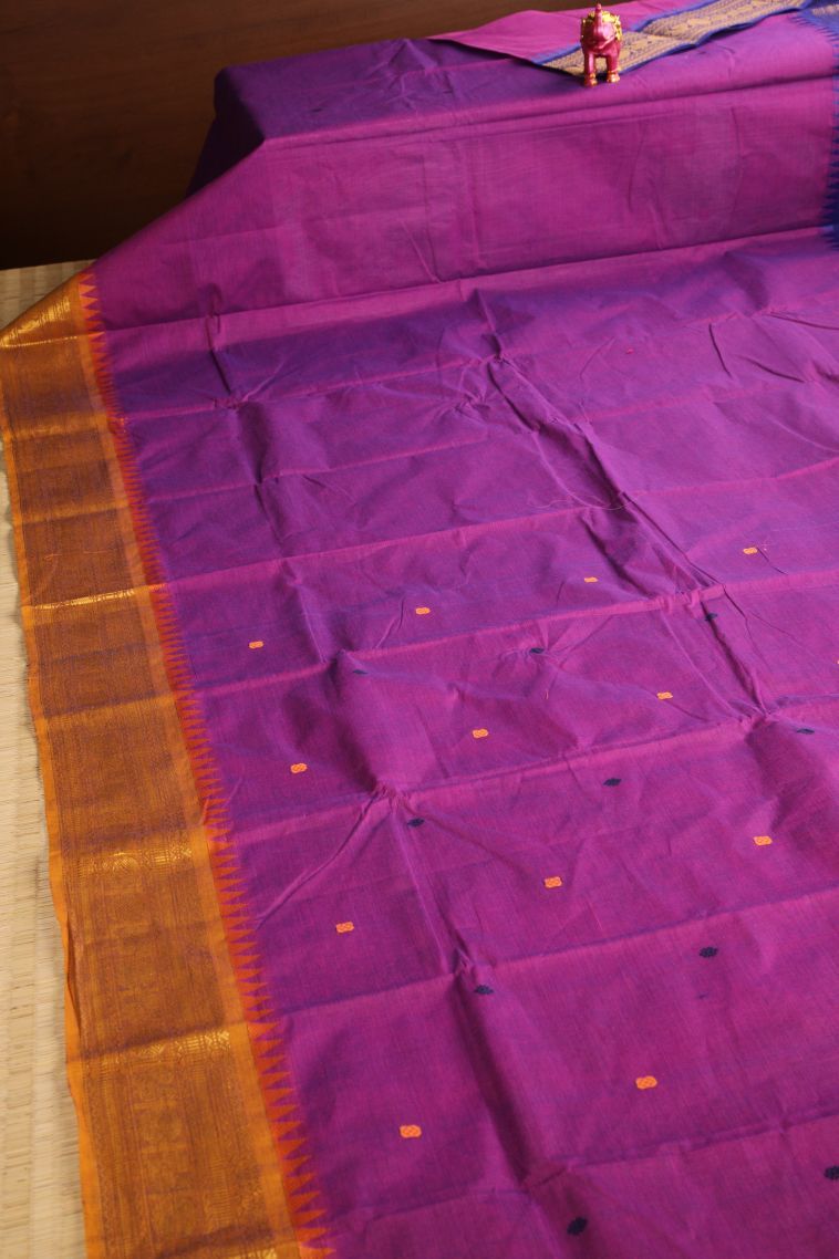 Bubblegum Pink Chettinad Cotton Sarees with Gold Zari Buttis (small Dots Or Motifs) view 2