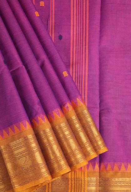 Bubblegum Pink Chettinad Cotton Sarees with Gold Zari Buttis (small Dots Or Motifs)