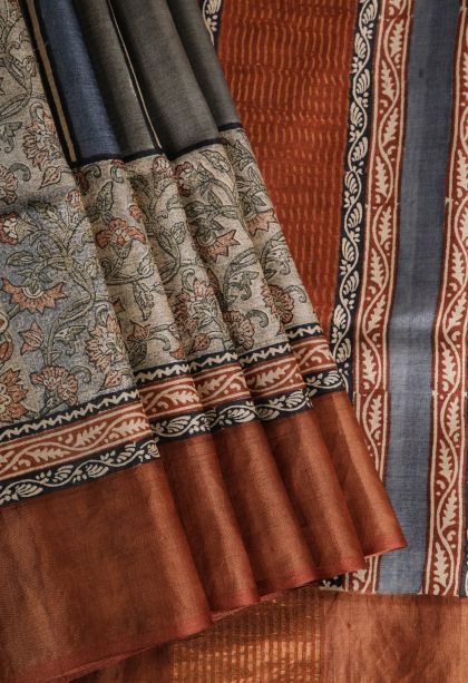 Penny Brown Tussar Saree with Gold Zari Floral Patterns
