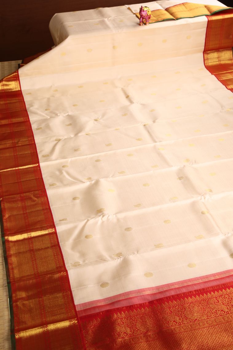 Ivory White Kanchipuram Silk Sarees with Gold Zari Peacock And Rudhractam view 2