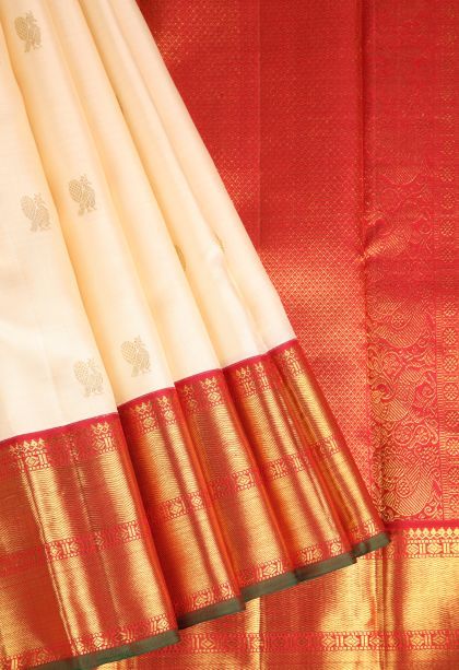 Ivory White Kanchipuram Silk Sarees with Gold Zari Peacock And Rudhractam