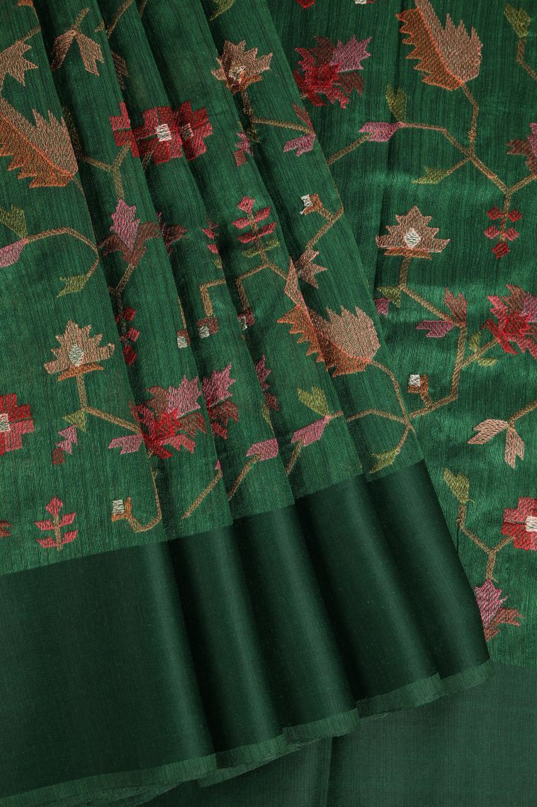 Basil Green Jute Sarees with Without Zari Zari Floral Patterns view 1