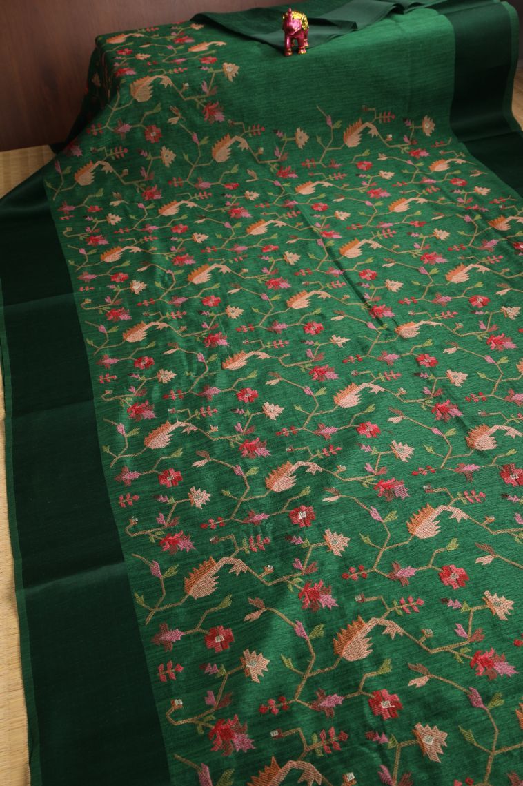 Basil Green Jute Sarees with Without Zari Zari Floral Patterns view 2