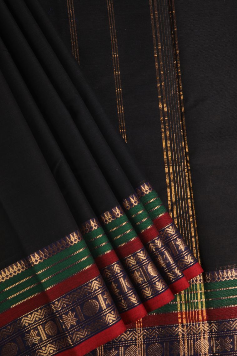Asphalt Black Chettinad Cotton Sarees with Gold Zari Plain view 1