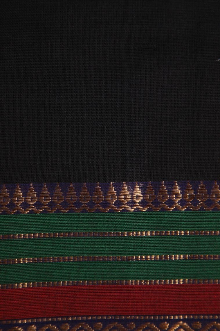 Asphalt Black Chettinad Cotton Sarees with Gold Zari Plain view 3