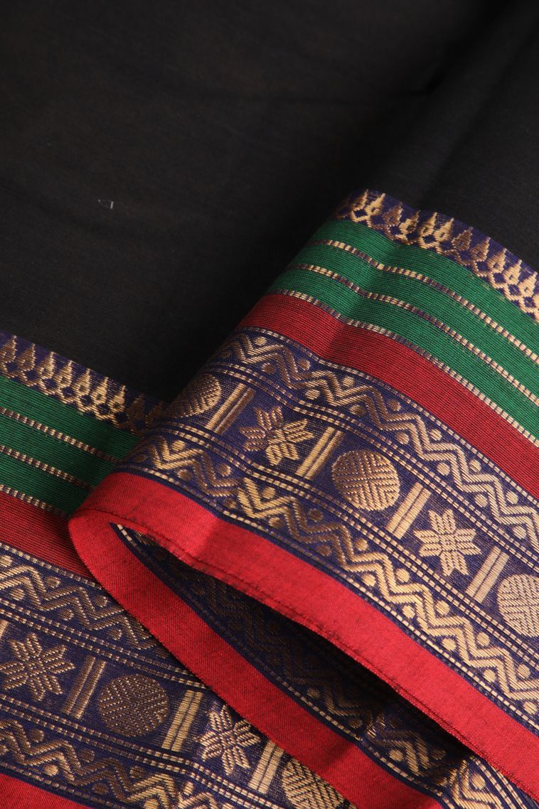 Asphalt Black Chettinad Cotton Sarees with Gold Zari Plain view 4