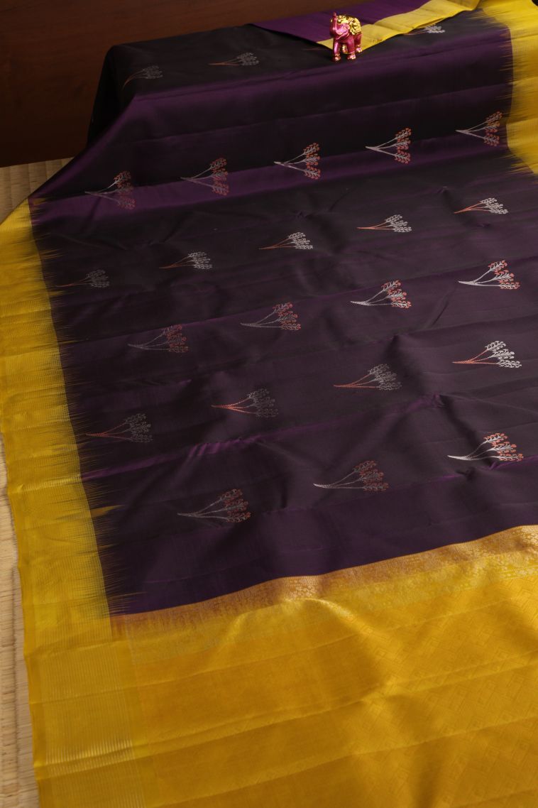Bosenberry Purple Soft Silk Saree with Gold And Silver Zari Floral Patterns view 2