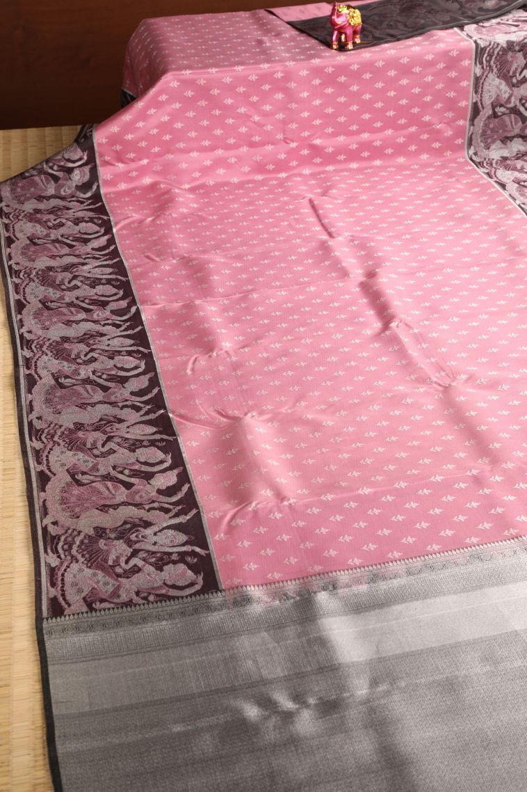 Rose Pink Kanchipuram Silk Sarees with Silver Zari Floral Patterns view 2