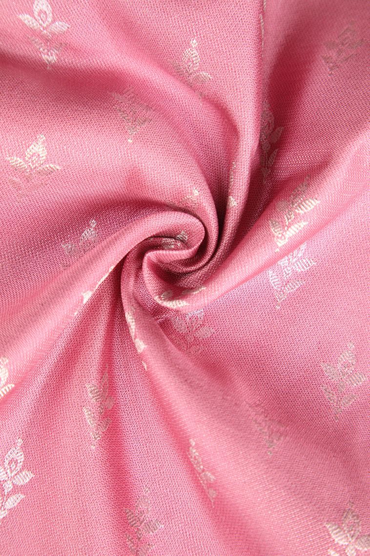 Rose Pink Kanchipuram Silk Sarees with Silver Zari Floral Patterns view 4