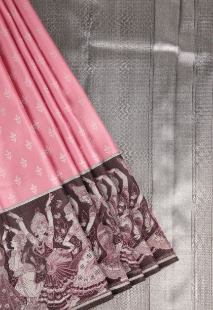 Rose Pink Kanchipuram Silk Sarees with Silver Zari Floral Patterns