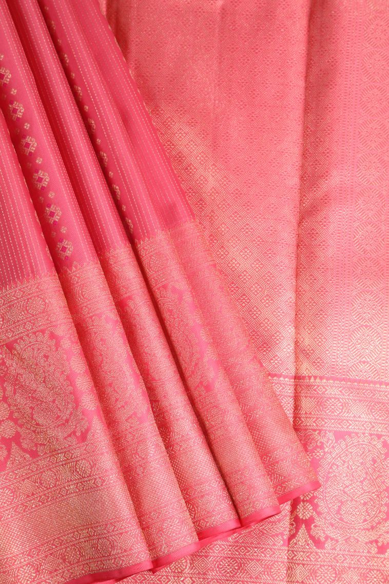 Punch Pink Kanchipuram Silk Sarees with Gold Zari Vaira Oosi view 1