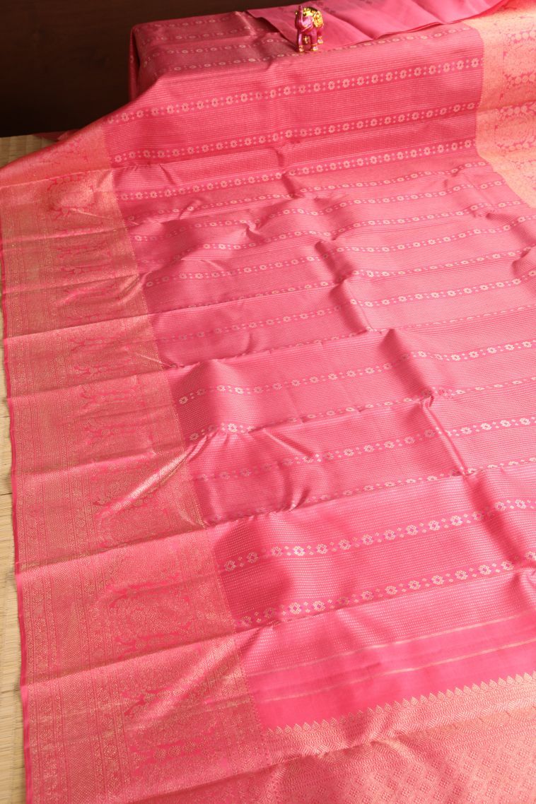 Punch Pink Kanchipuram Silk Sarees with Gold Zari Vaira Oosi view 2