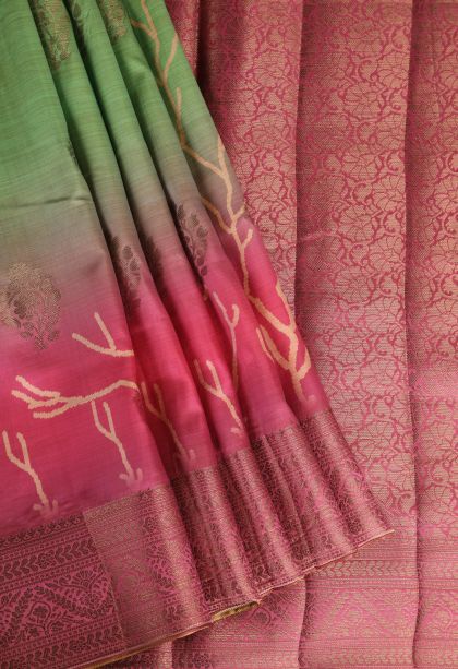 Fern Green Semi Raw Silk Printed with Antic Zari Thilagam Puttas