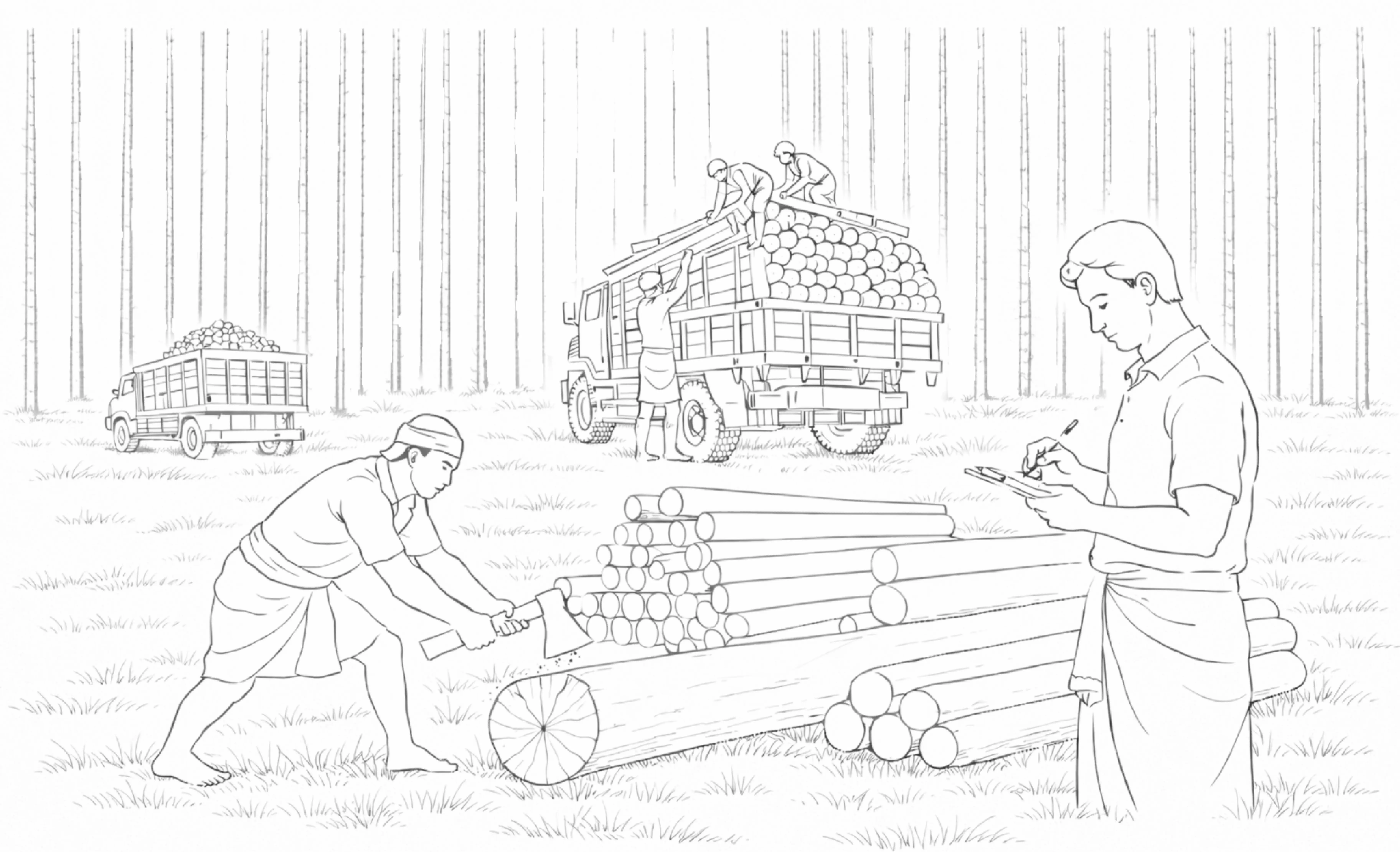 Firewood yard with workers and accounts