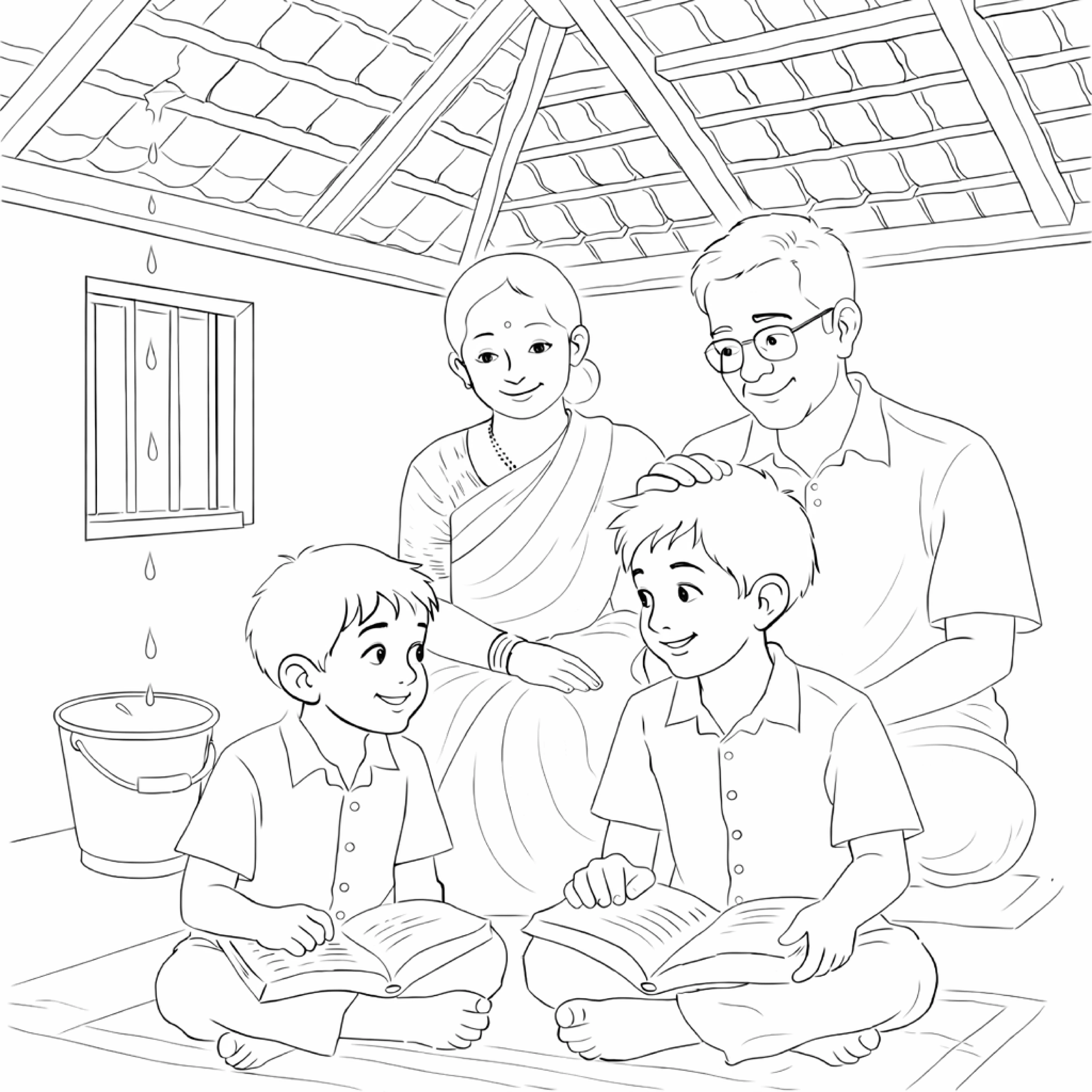 Family with two children learning together