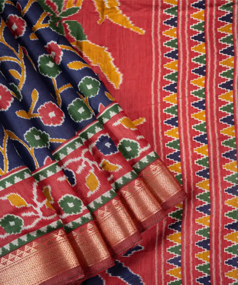 Asphalt Black Chanderi Cotton Sarees with Gold Zari Floral Patterns