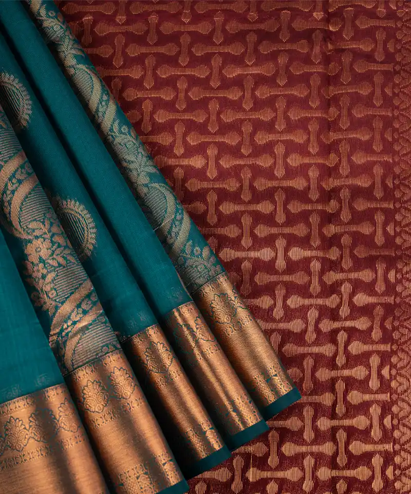 Arctic Blue Silk Cotton with Gold Zari Floral Puttas